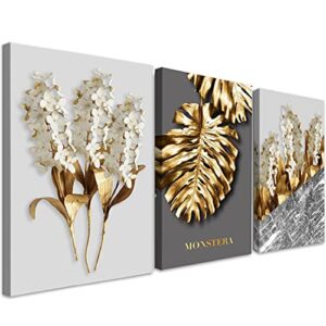 qtespeii large modern canvas wall art hyacinth painting white flower gold leaf canvas prints for living room bedroom office wall decor framed home office walls decorations, 16″x24″ 3 pieces
