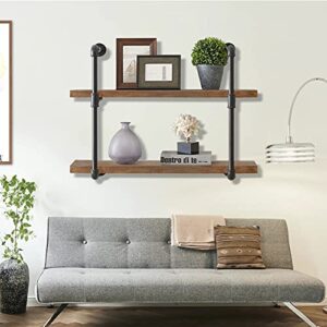 2 Tier Industrial Shelves Brackets, Wall Mount Iron Pipe Shelves, Pipe Floating Shelves for DIY Open Bookshelf Office Kitchen Home Bar (Plank Not Included) (2-Tier)