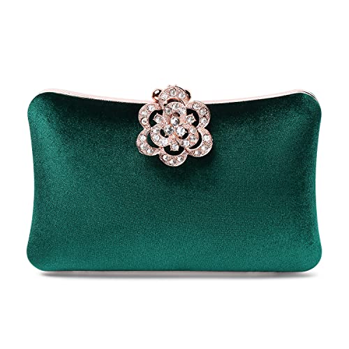 Mulian LilY Green Velvet Evening Bags For Women With Flower Closure Rhinestone Crystal Embellished Clutch Purse For Party Wedding M453