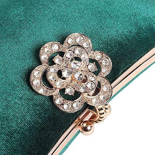 Mulian LilY Green Velvet Evening Bags For Women With Flower Closure Rhinestone Crystal Embellished Clutch Purse For Party Wedding M453