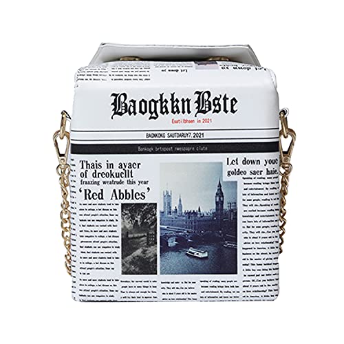 KUANG! Women Novelty Newspaper Evening Handbag Clutch Square Box Bag Envelope Purse Chain Shoulder Bag for Ladies