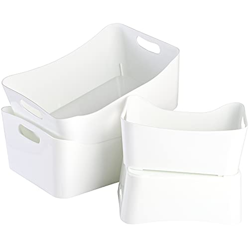 Peohud 4 Pack White Plastic Storage Bins, Pantry Organizer Bin with Handles, Open Storage Organizing Bins for Classroom, Office, School, Shelves, Cabinet Collection Container Bin, Under Sink Organizer