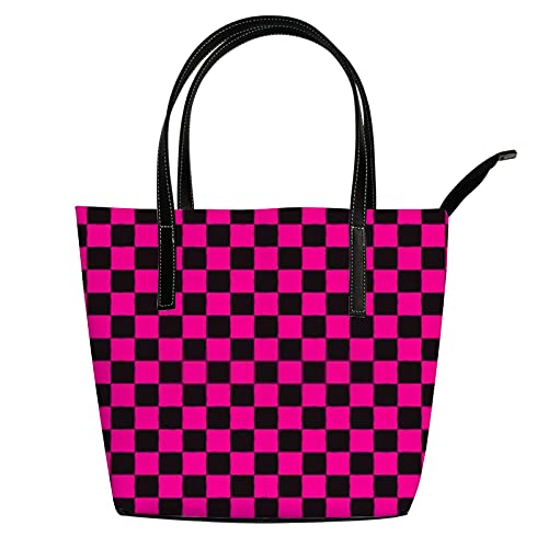 Women Fashion Handbags, Shoulder Bag,Tote Bag, Big Capacity Handbag, PU leather handbag, Beach Tote Bags, Weekender Travel Bag, travel, shopping, Pink and Black Plaid