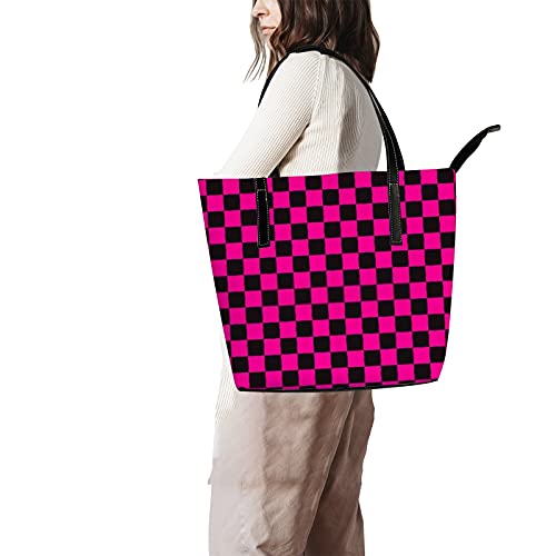 Women Fashion Handbags, Shoulder Bag,Tote Bag, Big Capacity Handbag, PU leather handbag, Beach Tote Bags, Weekender Travel Bag, travel, shopping, Pink and Black Plaid