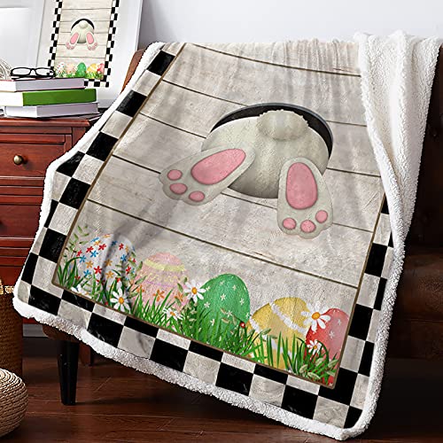 Yun Nist Easter Day Sherpa Flannel Throw Blankets,Pink Rabbit Tail Egg Thick Reversible Plush Fleece Blanket for Bed Couch Sofa Decor,Black Plaid White Plank Ultra Soft Comfy Warm Fuzzy TV Blanket