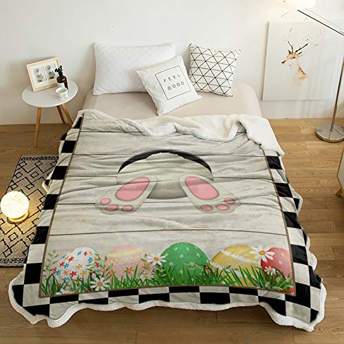 Yun Nist Easter Day Sherpa Flannel Throw Blankets,Pink Rabbit Tail Egg Thick Reversible Plush Fleece Blanket for Bed Couch Sofa Decor,Black Plaid White Plank Ultra Soft Comfy Warm Fuzzy TV Blanket