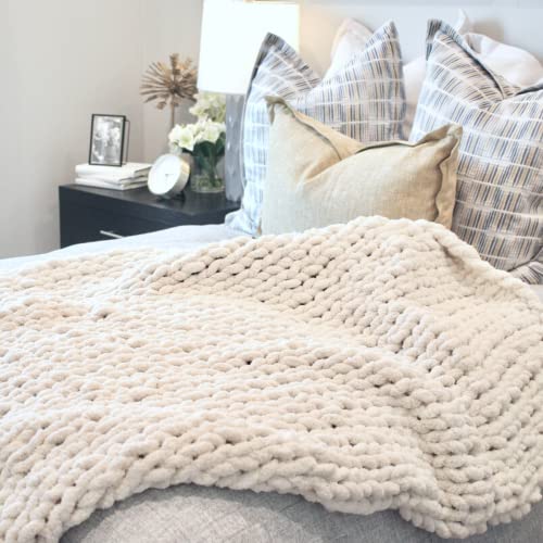 Adyrescia Chunky Knit Blanket Throw | 100% Hand Knit with Jumbo Chenille Yarn (50"x60", Cream White)