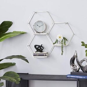 deco 79 marble hexagon 3 marble shelves wall shelf, 26″ x 5″ x 24″, silver