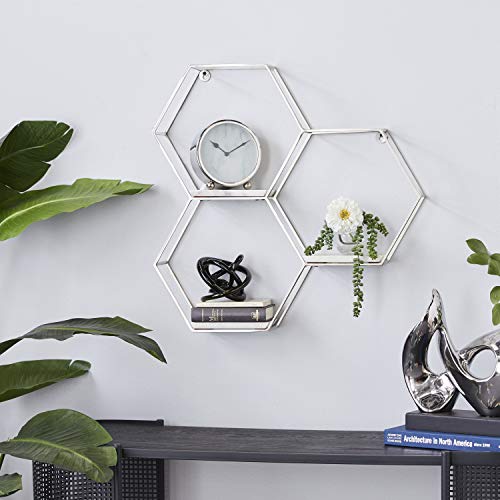 Deco 79 Marble Hexagon 3 Marble Shelves Wall Shelf, 26" x 5" x 24", Silver