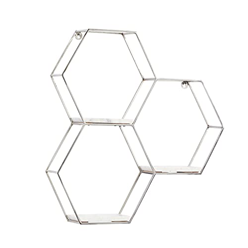 Deco 79 Marble Hexagon 3 Marble Shelves Wall Shelf, 26" x 5" x 24", Silver