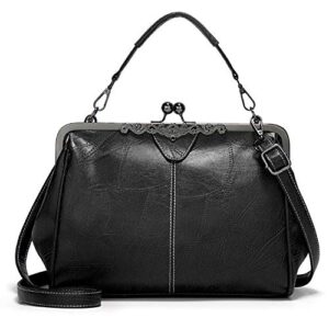 belonyou women retro kiss lock handbags oil wax pu shoulder bag vintage purses small tote messenger bags satchels black