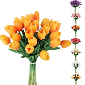 30pcs Artificial Tulips Flowers Fake Latex Tulip Stems - Real Touch Faux Orange Tulips Flower for Easter Spring Thanksgiving day Christmas Bouquet Centerpiece Floral Arrangement Cemetery Table Decor