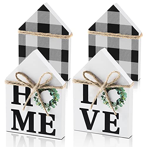 Jetec 2 Pieces Wood Sign Buffalo Plaid Decor Farmhouse Home Love Wood Sign Shelf Tiered Tray Decor House Shape Double Sided Home Sweet Decor for Living Room Window Shelf Desk Office