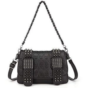 belonyou women punk skull shoulder top-handle bag goth rivet purse handbag pu leather chain satchel tote black