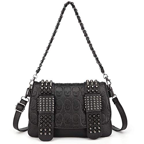 BelonYou Women Punk Skull Shoulder Top-Handle Bag Goth Rivet Purse Handbag PU Leather Chain Satchel Tote Black