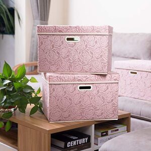 PRANDOM Larger Collapsible Storage Bin with Lid [1-Pack] Fabric Decorative Storage Box Cube Organizer Container Baskes with Handles Divider for Bedroom Closet Living Room Pink 17.7x11.8x11.8 Inch