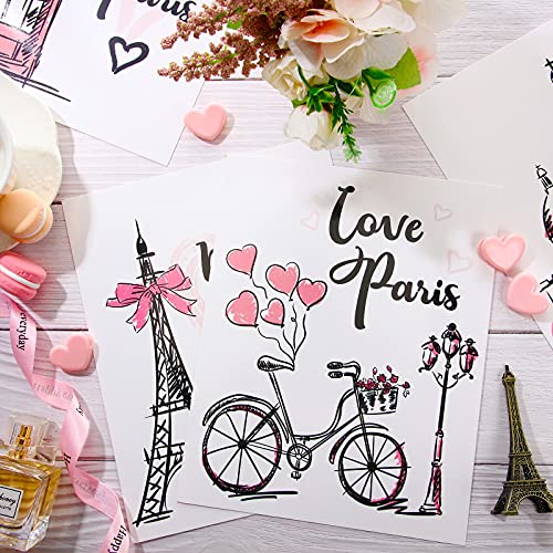 4 Pieces Paris Wall Art Prints, Pink Eiffel Tower Telephone Booth Romantic Paris Theme Room Unframed Art Poster Decor for Girls Living Room Bedroom Bathroom Kitchen Office Decor, 8 x 10 Inch