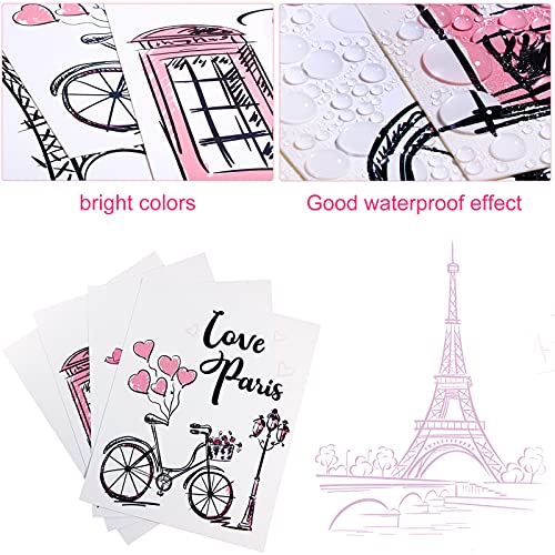 4 Pieces Paris Wall Art Prints, Pink Eiffel Tower Telephone Booth Romantic Paris Theme Room Unframed Art Poster Decor for Girls Living Room Bedroom Bathroom Kitchen Office Decor, 8 x 10 Inch