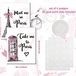 4 Pieces Paris Wall Art Prints, Pink Eiffel Tower Telephone Booth Romantic Paris Theme Room Unframed Art Poster Decor for Girls Living Room Bedroom Bathroom Kitchen Office Decor, 8 x 10 Inch