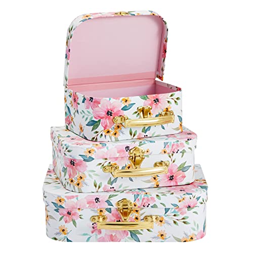 Okuna Outpost Set of 3 Different Sizes of Paperboard Suitcases with Metal Handles, Floral Print Decorative Cardboard Storage Boxes (Floral Print)