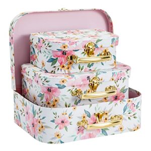 Okuna Outpost Set of 3 Different Sizes of Paperboard Suitcases with Metal Handles, Floral Print Decorative Cardboard Storage Boxes (Floral Print)