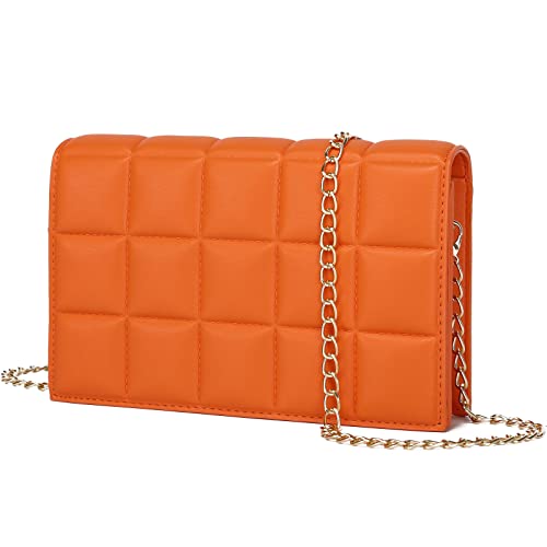 YIKOEE Quilted Chain Mini Shoulder Purse for Women (Orange)