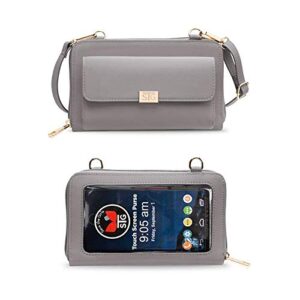 save the girls captiva touchscreen purse with 10 credit card slots and 2 pockets crossbody smartphone purse, morning mist grey
