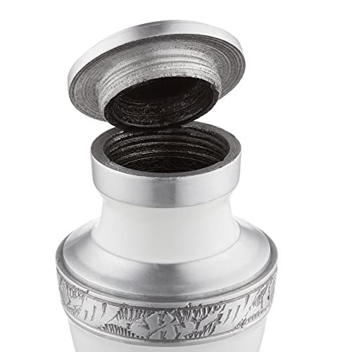 Reminded Small Cremation Memorial Urn for Human Ashes, White and Silver Miniature Keepsake Urn with Velvet Case