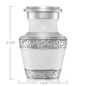 Reminded Small Cremation Memorial Urn for Human Ashes, White and Silver Miniature Keepsake Urn with Velvet Case