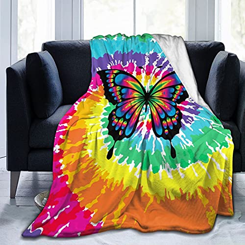 Tie Dye Colors Purple Butterfly Throw Blanket, Ultra Soft Microplush Bed Blanket, All Season Microfiber Fleece Throw for Bed Chair Sofa Couch Bedroom