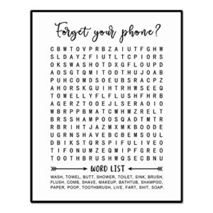 bathroom word search, forget your phone, word search puzzle, bathroom wall art, bathroom sign, 8×10 inch unframed