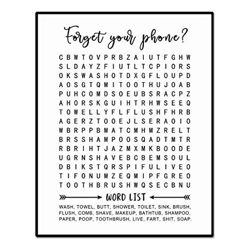 Bathroom Word Search, Forget Your Phone, Word Search Puzzle, Bathroom Wall Art, Bathroom Sign, 8x10 Inch Unframed