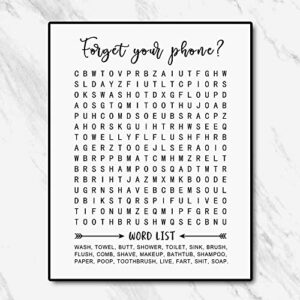 Bathroom Word Search, Forget Your Phone, Word Search Puzzle, Bathroom Wall Art, Bathroom Sign, 8x10 Inch Unframed