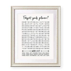 Bathroom Word Search, Forget Your Phone, Word Search Puzzle, Bathroom Wall Art, Bathroom Sign, 8x10 Inch Unframed