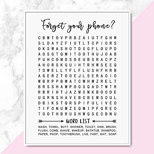 Bathroom Word Search, Forget Your Phone, Word Search Puzzle, Bathroom Wall Art, Bathroom Sign, 8x10 Inch Unframed