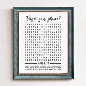 Bathroom Word Search, Forget Your Phone, Word Search Puzzle, Bathroom Wall Art, Bathroom Sign, 8x10 Inch Unframed