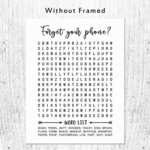 Bathroom Word Search, Forget Your Phone, Word Search Puzzle, Bathroom Wall Art, Bathroom Sign, 8x10 Inch Unframed