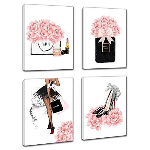 FRAMED Makeup Room Canvas Wall Art, Fashion Woman Picture , Perfume Handbags High Heels Lipstick Wall Paintings, Pink Gift for Girls Room Boudoir Decor Ready to Hang Set of 4, 8x10 in (Framed)…