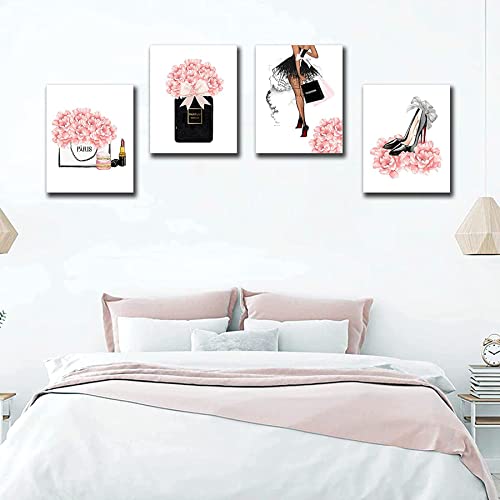 FRAMED Makeup Room Canvas Wall Art, Fashion Woman Picture , Perfume Handbags High Heels Lipstick Wall Paintings, Pink Gift for Girls Room Boudoir Decor Ready to Hang Set of 4, 8x10 in (Framed)…