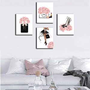 FRAMED Makeup Room Canvas Wall Art, Fashion Woman Picture , Perfume Handbags High Heels Lipstick Wall Paintings, Pink Gift for Girls Room Boudoir Decor Ready to Hang Set of 4, 8x10 in (Framed)…