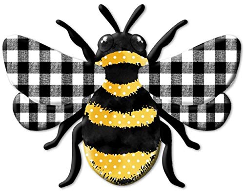 Craig Bachman 12" Metal Embossed Bee Hanger: Plaid Check - Bumblebee Metal Wall Door Hanger Sign