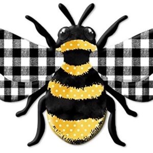 Craig Bachman 12" Metal Embossed Bee Hanger: Plaid Check - Bumblebee Metal Wall Door Hanger Sign