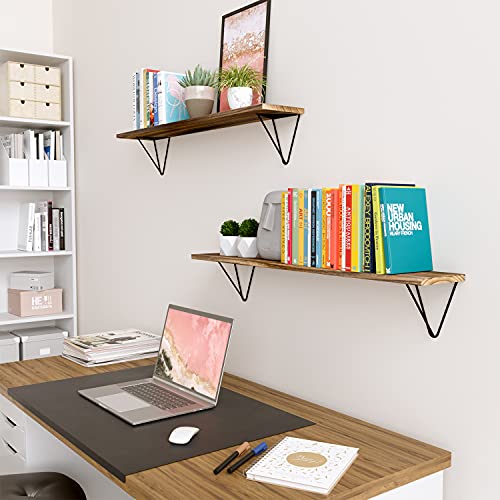 Wallniture Colmar Bathroom Shelves for Over The Toilet Storage, 36"x6" Floating Shelves for Wall Storage, Dark Burned Wood Wall Shelves Set of 2