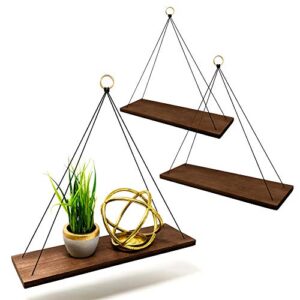 boho wall hanging shelf – wood hanging shelves for wall – farmhouse rope shelves for bedroom living room bathroom – rustic wood shelves – hanging plant shelf – triangle floating shelf (ring mount)