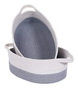 zfrxz 2-pack small woven basket | cute gray rope basket | oval basket | shelf storage basket | chest box| empty gift baskets with handles, 14″x 9.8″ x 5″ cube bins organizer(white-gray)