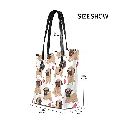 Large Work Tote Bags Women's PU Leather Fashion Funny Cartoon Pugs Puppies Handbags Shopper Bag Casual Bag