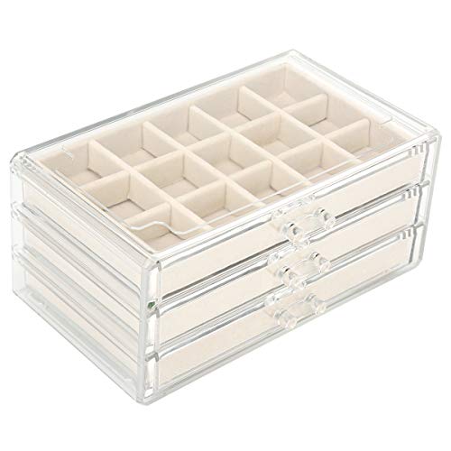 FEISCON Acrylic Jewelry Organizer Makeup Cosmetic Storage Organizer Box Clear Jewelry Case with 3 Drawers Adjustable Jewelry Box Velvet Trays Grid Size