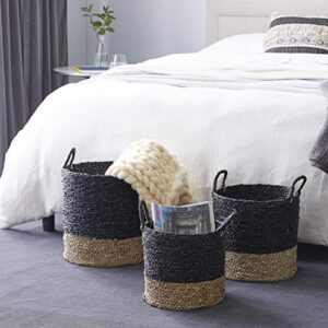 deco 79 seagrass handmade two toned storage basket with handles, set of 3 17″, 15″, 14″h, black