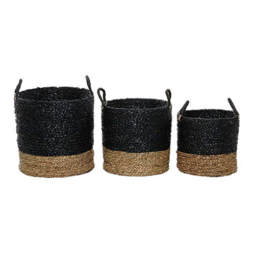 Deco 79 Seagrass Handmade Two Toned Storage Basket with Handles, Set of 3 17", 15", 14"H, Black