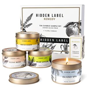 hidden label scented candles gifts for women, remedy collection small soy candles 4pack 3.45oz travel tin, gifts for birthday valentines day mothers day christmas(set1)
